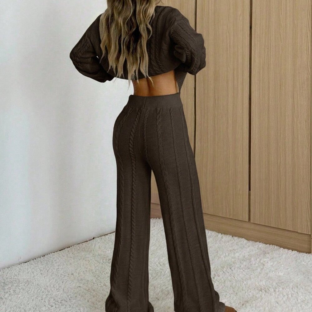 Coffee Brown Casual Women's Round Neck Long Sleeve Sweater And Pants Set - Picture 2 of 5